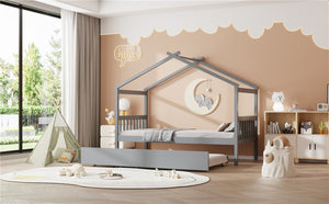 English Elm Twin House Bed Solid Pine Cottage Frame with Pull Out Trundle for Kids Bedroom Gray N708P309238E