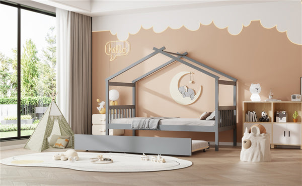 English Elm Twin House Bed Solid Pine Cottage Frame with Pull Out Trundle for Kids Bedroom Gray N708P309238E