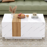 English Elm Modern 35.4 X 23.6 Inch Two-Tone Coffee Table With Faux Marble and Walnut Wood Grain Finish, Rectangular Center Table With 2 Storage Drawers, Practical Cocktail Table For Living Room, White