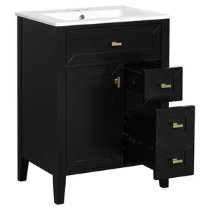 English Elm "24'' 24 Inch Glossy Freestanding Bathroom Vanity with Gold Hardware and Soft Close Storage Black Rubberwood N725P448529B