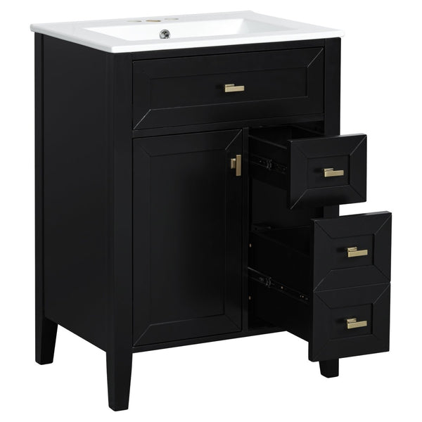 English Elm "24'' 24 Inch Glossy Freestanding Bathroom Vanity with Gold Hardware and Soft Close Storage Black Rubberwood N725P448529B