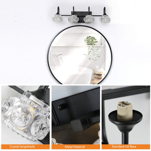 English Elm 23" Retro 4-Light Vanity Light Fixture Black Iron with Crystal Glass Shades Wall-Mount Hardwired Elegant Illumination for Bathroom Dressing Room W2312P374818