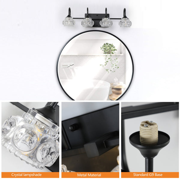 English Elm 23" Retro 4-Light Vanity Light Fixture Black Iron with Crystal Glass Shades Wall-Mount Hardwired Elegant Illumination for Bathroom Dressing Room W2312P374818