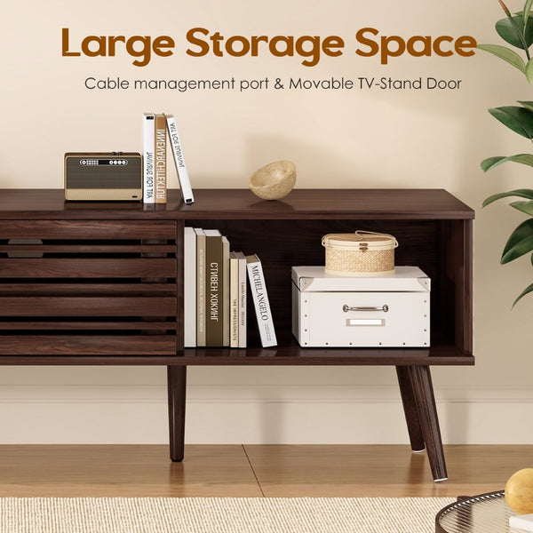 English Elm Mid Century Modern Fluted Wood Media Console with Storage Cabinets for Living Room Walnut T3623P435374