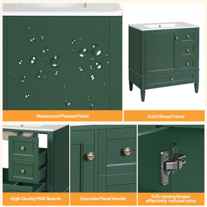 English Elm 30 30 Inch Bathroom Vanity with Ceramic Sink, Modern Compact 3-Drawer Storage Cabinet for Small Baths Green N710P247499F