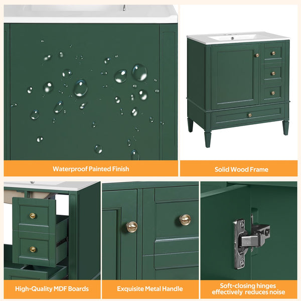 English Elm 30 30 Inch Bathroom Vanity with Ceramic Sink, Modern Compact 3-Drawer Storage Cabinet for Small Baths Green N710P247499F