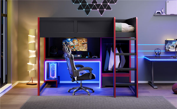 English Elm Wood Full Size Gaming Loft Bed With Desk, Wardrobe, Led Lighting, And Storage Drawer, Black Finish N7090004011B-GIGA