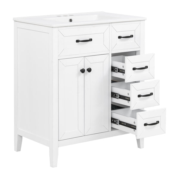 English Elm [video] 30 Inch Freestanding Bathroom Vanity White Mdf Pine Legs Ceramic Sink Soft Close N759P394442K