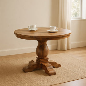 English Elm Solid Wood Valentina Round Pedestal Dining Table Warm Natural Finish Seats Four B182P475441