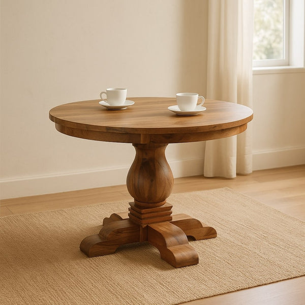 English Elm Solid Wood Valentina Round Pedestal Dining Table Warm Natural Finish Seats Four B182P475441