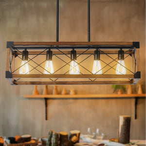 English Elm 32" Walnut Industrial Farmhouse Pendant Light Chandelier – 5-Light Fixture For Dining & Cafe Spaces W2312P368674