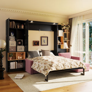 English Elm Queen Murphy Wall Bed with Velvet Sofa Built in Shelves Cabinets and Reading Lights Black LP000393AAB