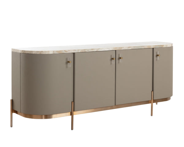 Sunpan Cataldi Sideboard - Modern Elegance With Cappuccino Marble Top & Taupe Faux Leather Wrap, Gold Base Taupe Marble ,Wood 111837