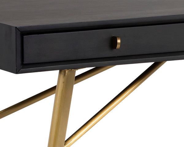 Sunpan Giana Desk - Rustic Acacia Wood Veneer with Smoked Grey Finish & Brass Pulls for Stylish Storage