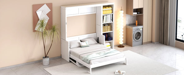 English Elm Full Murphy Bed with Storage Cabinets and Shelves, Space-Saving Wooden Wall Bed with 600lb Capacity White N7090004015K