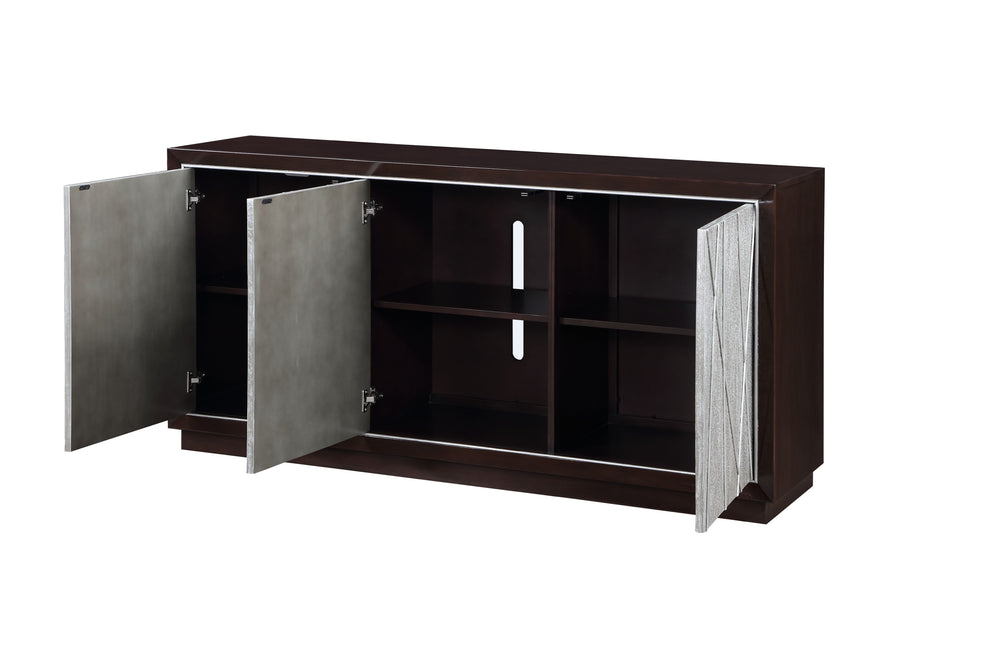 English Elm Geranio Metallic Silver & Walnut Console Cabinet with Geometric Pattern, Touch-Open Doors, 70lb Top B2726P285784