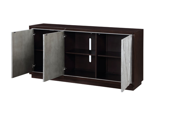 English Elm Geranio Metallic Silver & Walnut Console Cabinet with Geometric Pattern, Touch-Open Doors, 70lb Top B2726P285784