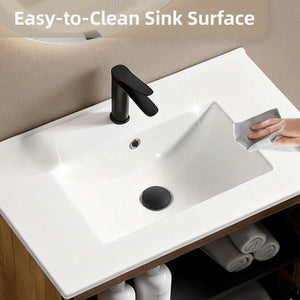 English Elm 30 Inch Floating Bathroom Vanity Fluted Wood Grain Front with Ceramic Integrated Sink Golden Oak W3520S00030