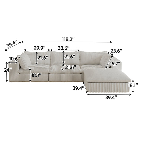 English Elm 118.2" Cloud Sofa - Soft White Corduroy, Modular Design, No Assembly, Versatile Seating For Any Space W2824S00109
