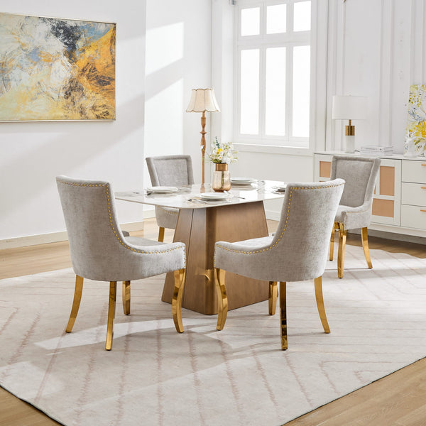English Elm Chenille Plush Dining Chair with Curved Gold-Plated Legs, Rivet Trim, Textured Upholstery Comfort Beige W1143P332684