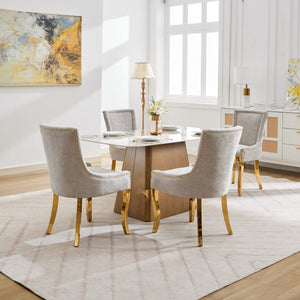 English Elm Chenille Modern Dining Chair with Curved Gold-Plated Legs, Rivet Trim, Textured Upholstery Comfort Beige W1143P332684