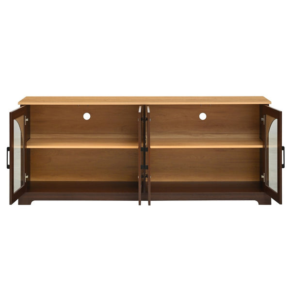 English Elm Farmhouse Media Console with Arched Glass Doors Wood Grain Two Tone Living Room Storage Walnut N721P411204P