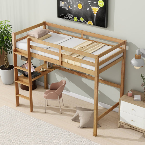 English Elm Twin High Loft Bed with Built-In Desk and Ladder — Space-Saving Rubberwood Study & Sleep Solution White Oak W504P206980