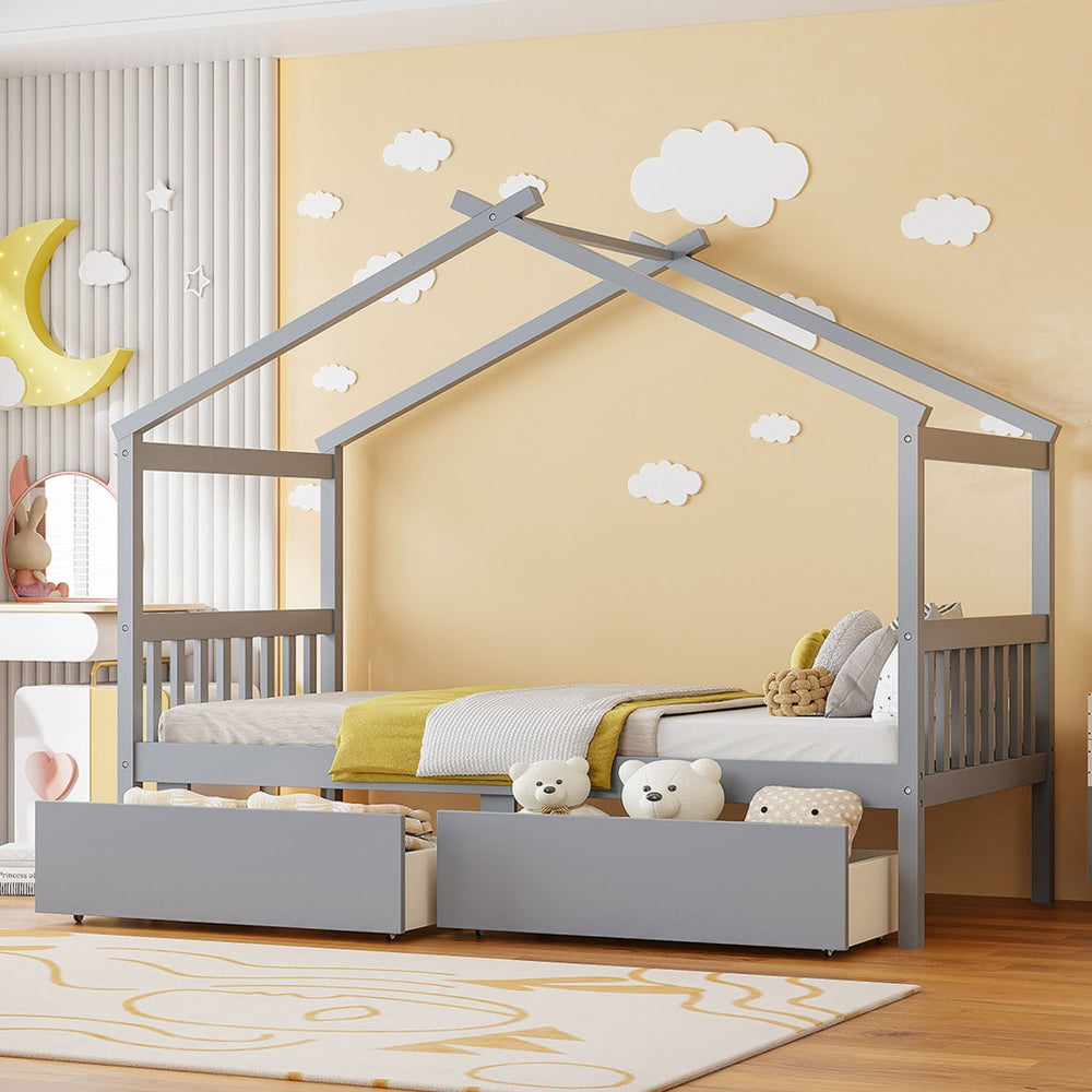 English Elm Twin House Bed Solid Pine Kids Cottage Frame with Storage Drawers Imaginative Room Gray N708P309245E