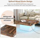 English Elm 31.4'' X 31.4'' Farmhouse Coffee Table With 2 Usb Ports and Outlets, Brown Spliced Wood Grain Center Table With Led Light, Rustic Cocktail Table With Charging Station For Living Room, White