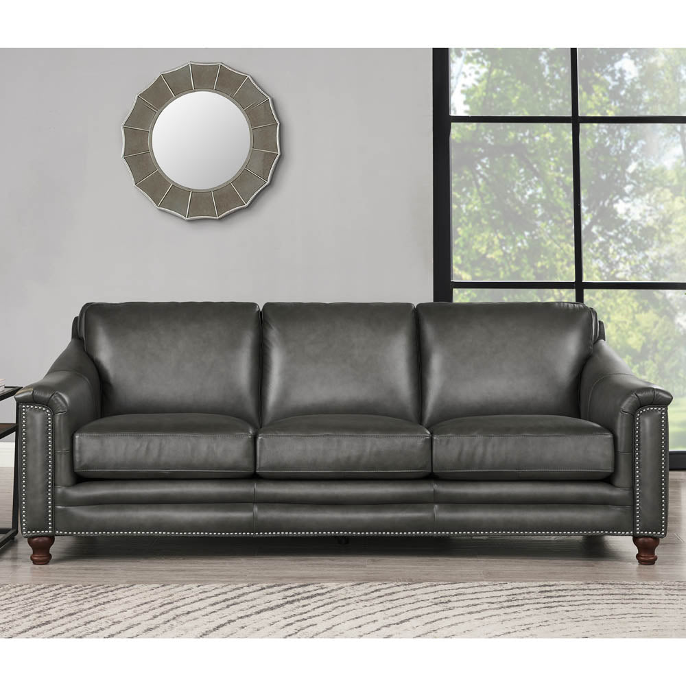 English Elm Belfast Gun Ash Top-Grain Leather Sofa Couch — Plush Goose Feather, Memory Foam, Pocketed Coils, Durable Frame B2705P211692