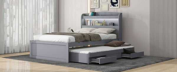 English Elm Twin XL Platform Bed with LED Headboard, Built-In Charging Station, Trundle & 2 Drawers for Space-Saving Bedrooms Gray GX001829AAE