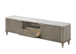 English Elm 1pc Mid-century Media Console Faux Marble Surface Ribbed Cabinet Tapered Legs 79in Driftwood,White B2741P483127