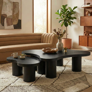 Meridian Furniture Cove Art Deco Sculptural Oak Veneer Coffee Table with Tiered Curves for Modern Living Rooms Black 2pc Set - 48" W x 48" D x 16" H 99000Black-CT-2PC