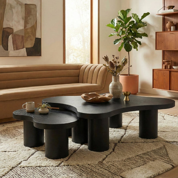 Meridian Furniture Cove Art Deco Sculptural Oak Veneer Coffee Table with Tiered Curves for Modern Living Rooms Black 2pc Set - 48" W x 48" D x 16" H 99000Black-CT-2PC