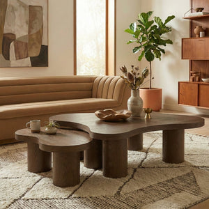 Meridian Furniture Cove Art Deco Sculptural Oak Veneer Coffee Table with Tiered Curves for Modern Living Rooms Brown Walnut 2pc Set - 48" W x 48" D x 16" H 99000Brown-CT-2PC