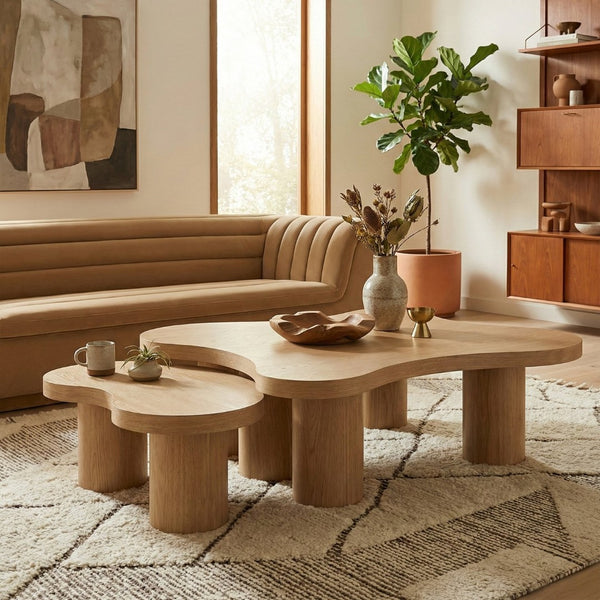 Meridian Furniture Cove Art Deco Sculptural Oak Veneer Coffee Table with Tiered Curves for Modern Living Rooms Natural 2pc Set - 48" W x 48" D x 16" H 99000Natural-CT-2PC