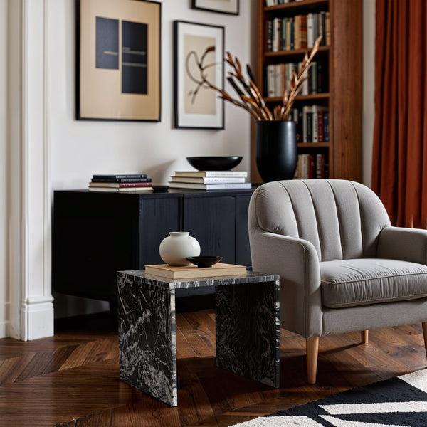 Meridian Furniture Vernazza Genuine Stone Side Table Handcrafted Sculptural Accent for Modern Living Spaces Black Genuine Marble 99004Black-ET