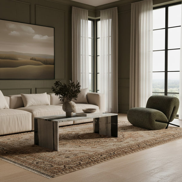 Meridian Furniture Vernazza Genuine Stone Rectangular Coffee Table Handcrafted Natural Veining for Living Rooms Panda Genuine Marble 99004Panda-CT