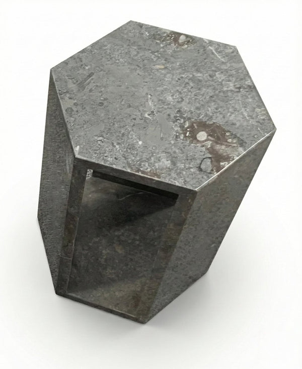 English Elm Genuine Solid Marble Hexagonal Pedestal End Table Polished Stone for Modern Living Dark Gray W1696P408001