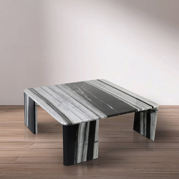Meridian Furniture Livorno Handcrafted Stone Top Coffee Table Art Deco Accent for Modern Living Rooms Panda Genuine Marble 99007Panda-CT