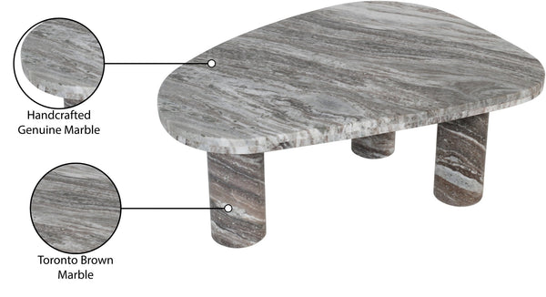 Meridian Furniture Messina Genuine Marble Coffee Table with Sculptural Triple Column Base for Modern Living Rooms Brown Genuine Marble 99008Brown-CT