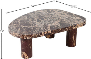 Meridian Furniture Messina Genuine Marble Coffee Table with Sculptural Triple Column Base for Modern Living Rooms Burgundy Genuine Marble 99008Cherry-CT