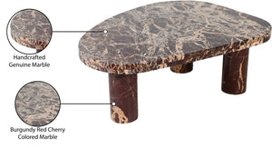Meridian Furniture Messina Genuine Marble Coffee Table with Sculptural Triple Column Base for Modern Living Rooms Burgundy Genuine Marble 99008Cherry-CT
