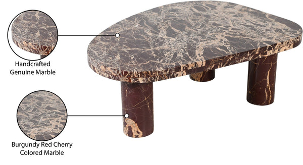Meridian Furniture Messina Genuine Marble Coffee Table with Sculptural Triple Column Base for Modern Living Rooms Burgundy Genuine Marble 99008Cherry-CT