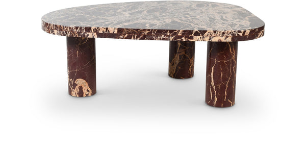 Meridian Furniture Messina Genuine Marble Coffee Table with Sculptural Triple Column Base for Modern Living Rooms Burgundy Genuine Marble 99008Cherry-CT