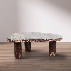 Meridian Furniture Messina Genuine Marble Coffee Table with Sculptural Triple Column Base for Modern Living Rooms Burgundy Genuine Marble 99008Cherry-CT