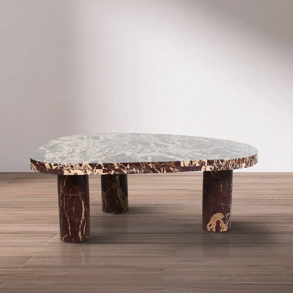 Meridian Furniture Messina Genuine Marble Coffee Table with Sculptural Triple Column Base for Modern Living Rooms Burgundy Genuine Marble 99008Cherry-CT