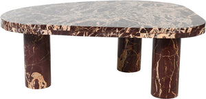 Meridian Furniture Messina Genuine Marble Coffee Table with Sculptural Triple Column Base for Modern Living Rooms Burgundy Genuine Marble 99008Cherry-CT