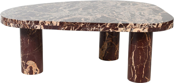 Meridian Furniture Messina Genuine Marble Coffee Table with Sculptural Triple Column Base for Modern Living Rooms Burgundy Genuine Marble 99008Cherry-CT