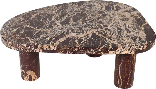 Meridian Furniture Messina Genuine Marble Coffee Table with Sculptural Triple Column Base for Modern Living Rooms Burgundy Genuine Marble 99008Cherry-CT
